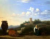 Karel Dujardin - A Woman with Cattle and Sheep in an Italian Landscape